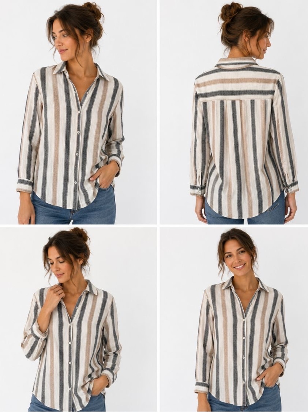 Tahari Neutral Striped Linen-Blend Shirt in Beige, White & Charcoal